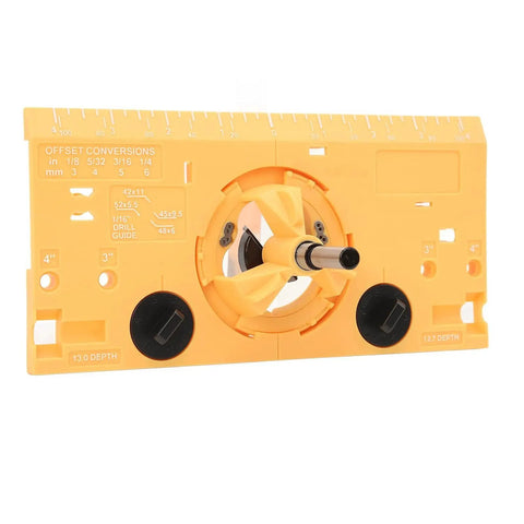 Front view of 35mm Hinge Boring Jig Kit For Woodworking With Accurate Hinge Hole Drilling Guide Locator And One Sixteenth Inch Bit Durable ABS Panel Scratch Resistant Bright Yellow.