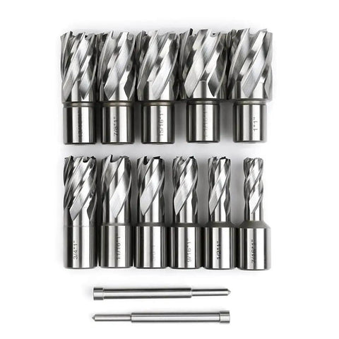 Heavy Duty Annular Cutter Set For Magnetic Drill Press 13 Piece With One Inch Cutting Depth And Weldon Shank Three Quarter Inch Diameters From Seven Sixteenths To One And One Sixteenth Inch With Two Pilot Pins By OSCARBIDE displayed with cutters and pilot pins.