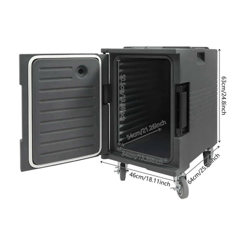 Insulated Food Pan Carrier 95 Qt Front Loading Hot Box For Catering Non Electric Food Warmer on wheels with open door view