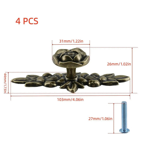 Floral Ivory Decorative Cabinet Knobs Set of 4 With Backplates for Dresser Vanity Nightstand Wardrobe Zinc Alloy Flower Drawer Pulls in Golden Yellow Finish, showing dimensions and screw size.