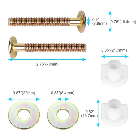 Universal Toilet Seat Screws Replacement Kit With Premium Steel Bolts, Metal Washers And Plastic Nuts shown with measurements