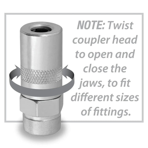 Easy Fit One Eighth Inch Grease Gun Seal Off Adapter With Rubber Tip, shown with instructions on adjustable coupler for fittings.