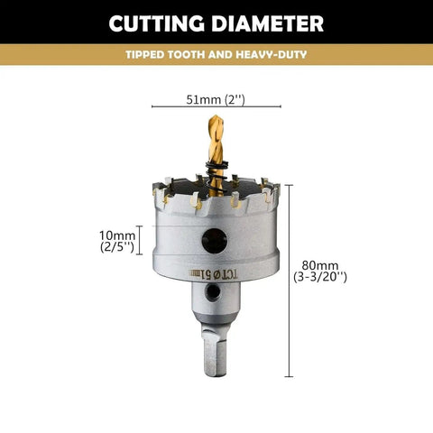 2 Inch TCT Hole Saw Kit with Tungsten Carbide Teeth and Titanium Plated Pilot Bit for Drilling Hard Metals, dimensions shown