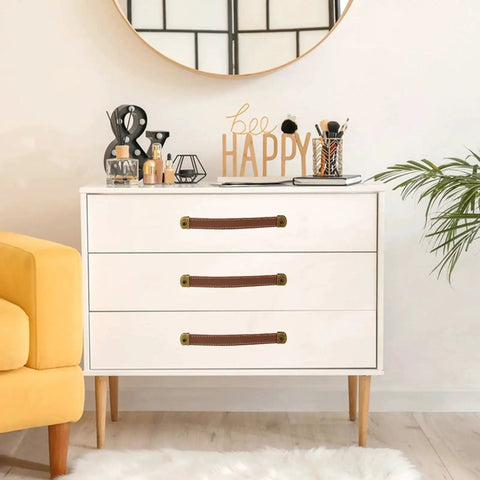 Dresser featuring Leather Drawer Pulls Set Of 2 With Mounting Screws Brown PU Leather Trunk Handles and Cabinet Pulls installed