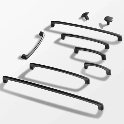 Ten Pack 5 Inch 128mm Hole Center Matte Black Cabinet Pulls Solid Zinc Alloy Drawer Handles arranged in different sizes