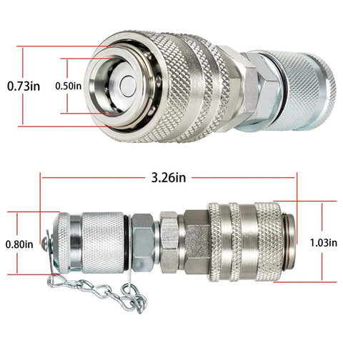 Hydraulic pressure test coupling kit for Parker PD series; knurled metal fittings, shown from front and side, 3.26in long.
