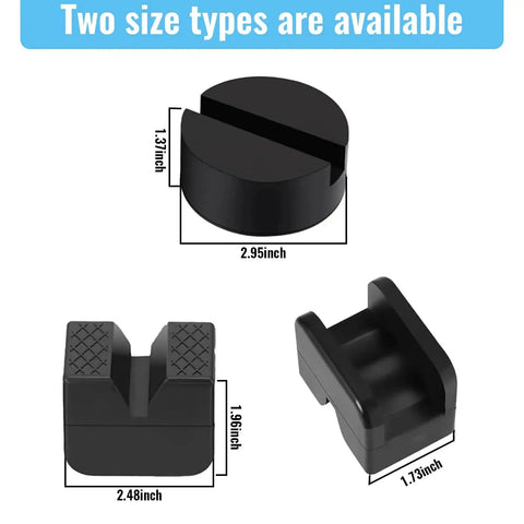 8 Pack Dual Design Rubber Jack Pads For Floor Jacks With V Groove And Round Pads, shown in different sizes and shapes.