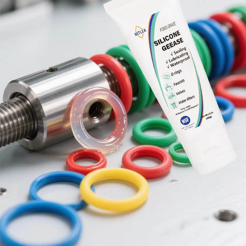 Product image of Multi Purpose Silicone Grease For O Rings And Electrical Connectors Dielectric Lubricant next to various o-rings.