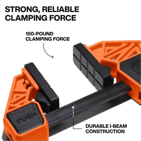 Close-up of Speed Klamp Bar Clamp Set showing 150-pound clamping force and durable I-beam construction.