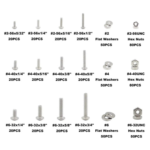 Stainless Steel 304 Phillips Pan Head Screws Set With Hex Nuts And Flat Washers, Coarse Thread, Sizes 2 56, 4 40, 6 32 UNC