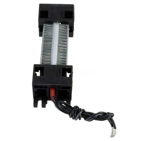 PTC air heater module with black end housings and silver finned ceramic strip, wired power leads
