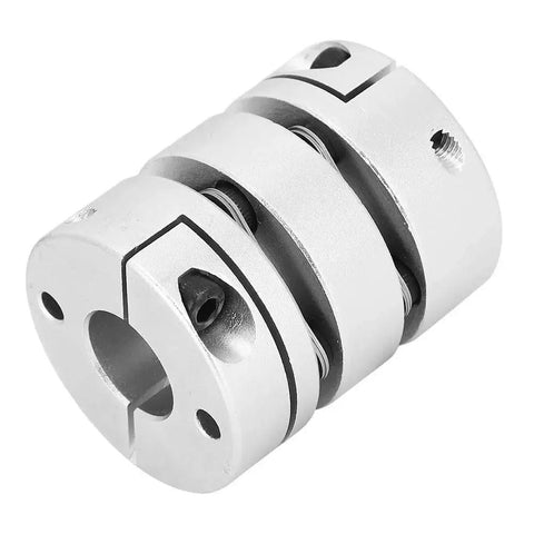 Aluminum alloy shaft sleeve coupling for motor connectors, front view, silver with mounting holes