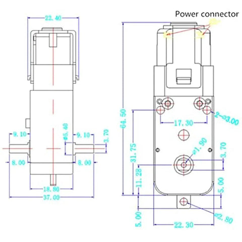 Technical diagram of TT motor with encoders for Professional 60mm Mecanum Wheel Robot Chassis MC100 for Arduino Raspberry Pi.
