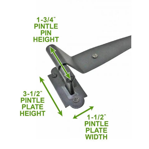 Close-up of black wrought iron pintle hinge showing 1.75-inch pin height, part of Pack Of 25 Black Wrought Iron Offset Pintle Strap Hinges