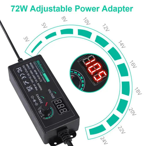 Adjustable DC Power Supply 3V To 24V 3A 72W With LCD Display showing voltage settings and dials