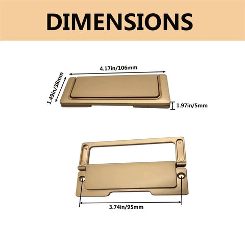 Dimensions of Hidden Flat Pull Handle Black Two Piece Set With Screws for cabinets and drawers, showing length and width in inches and mm
