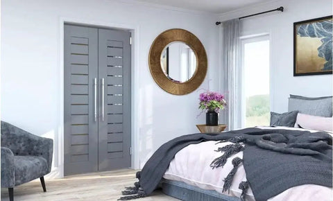 Bedroom with grey saloon doors and modern decor featuring Dual Action Spring Door Hinge For Saloon And Cafe Doors Heavy Duty Double Swing That Swings Both Ways With Adjustable Tension Self Closing Brass Finish Seven And One Half Inch Commercial Grade Door Hardware.