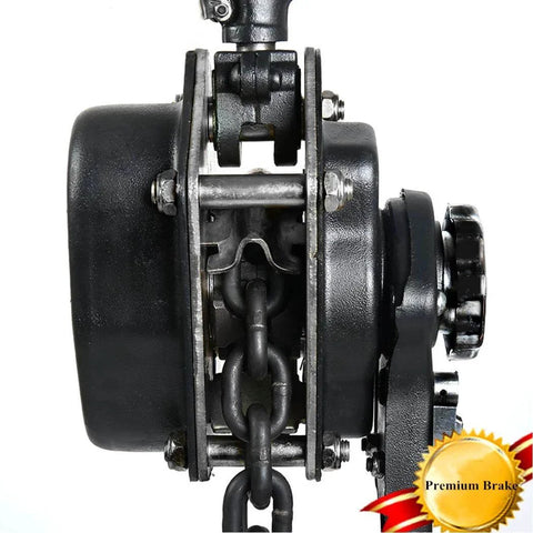Side view of Manual Lever Hoist Come Along Three Quarters Ton Capacity 1650 Lbs with heavy-duty hooks and steel chain.