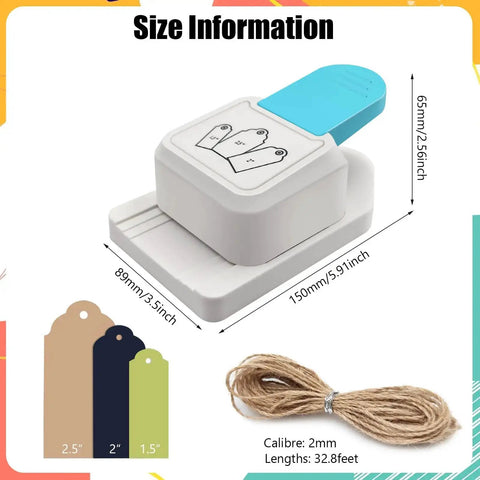 3 In 1 Gift Tag Punch Set With 1.5 Inch, 2 Inch, And 2.5 Inch Round Hole Punches, Includes 32.8 Feet Hemp Rope, size details displayed