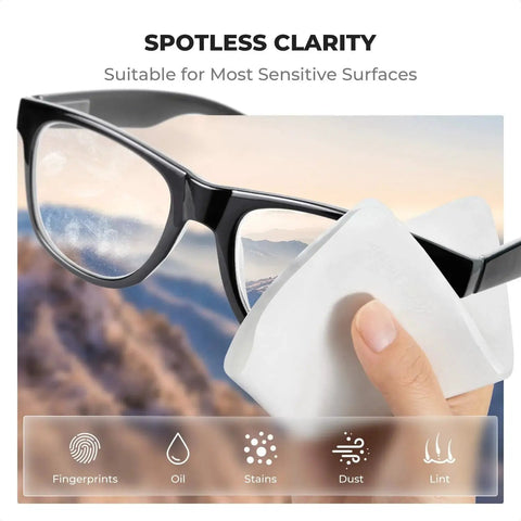 Cleaning glasses with Two Pack Microfiber Lens Cleaning Cloths For Glasses Cameras VR AR Headsets, showing spotless clarity.
