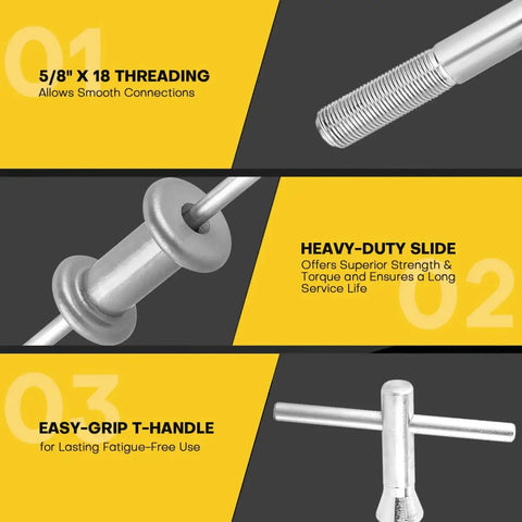 Close-up of the Nine Way Two Thirds Jaw Bearing Hub Gear Seal Remover Tool And Nineteen Piece Heavy Duty Slide Hammer Puller Kit showing threading, slide, and T-handle.