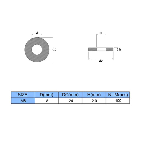 Favordrory M8 flat washer, 304 stainless steel, 100 pcs; outer Ø24mm, inner Ø8mm, thickness 2.0mm