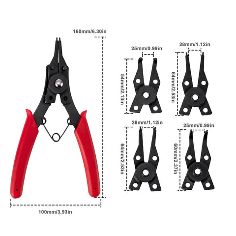 4 In 1 Snap Ring Pliers Set For Removing Retaining Clips Circlips And Snap Rings With Internal External Jaws, 5 Inch Handle