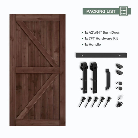 Sliding Barn Wood Door Slab 42 Inch By 84 Inch With 7ft Hardware Kit And Handle In Coffee Color K Shape Spruce Solid Wood Durable Rustic Door For Easy DIY Assembly With Clear Natural Grain