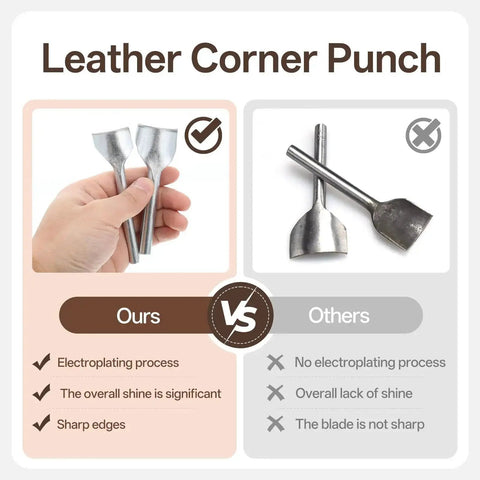 Comparison of leather corner punch set highlighting electroplating, shine, and sharp edges for 14 Sizes Leather Corner Punch Set With Half Round Punch And Rubber Hammer For DIY Leathercraft Belts Wallets Bags 10mm To 40mm Durable Alloy Steel Build.
