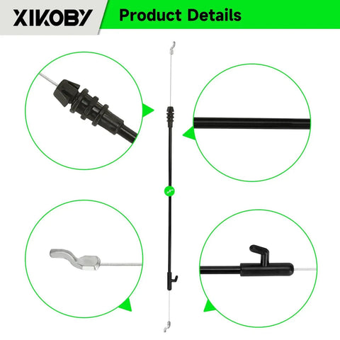 XIKOBY 946-04661A lawn mower throttle control cable; black cable with metal inner wire and fittings, collage of close-ups