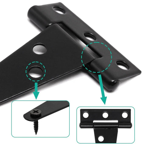 Close-up of Six Pack 2 Inch T Hinges For Doors And Gates in Outdoor Black Finish, showing detailed screw and hinge design.