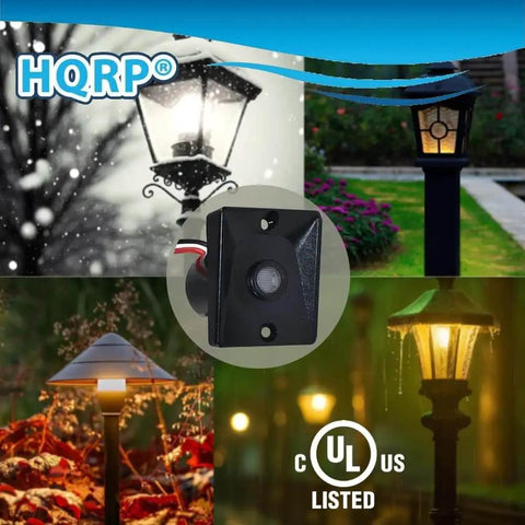 Dusk To Dawn Sensor For Outdoor Lights 120V Photoelectric Switch with UL Listed logo, shown in different lamp settings.
