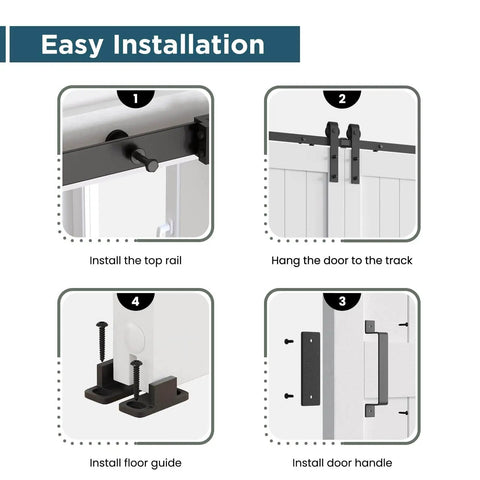 Installation steps for 72 By 96 Inch White Barn Door With Sliding Hardware Kit For 68 To 70 Inch Wide Openings Space Saving Double Door Design.