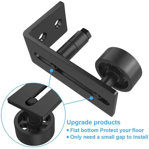 Sliding Barn Door Floor Guide With Eight Setup Options For Bottom And Wall Mounted Applications Adjustable Roller Flush Bottom Hardware Easy Assembly Made From Solid Carbon Steel With Powder Coating And A POM Nylon Roller For Quiet Smooth Sliding.