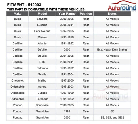 Compatibility chart for Rear Wheel Hub and Bearing Assembly with ABS for Buick, Cadillac, Oldsmobile, Pontiac, Chevy vehicles