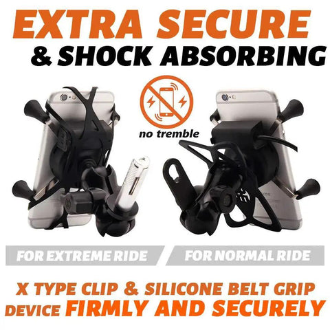 Heavy Duty Motorcycle Phone Mount With USB Charger Ultra Secure Phone Holder for GPS Navigation, front view, dual grip style