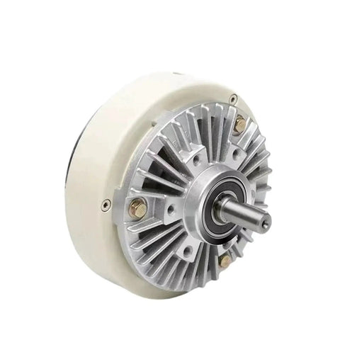 Magnetic powder brake/clutch unit, front view with finned aluminum housing and drive shaft
