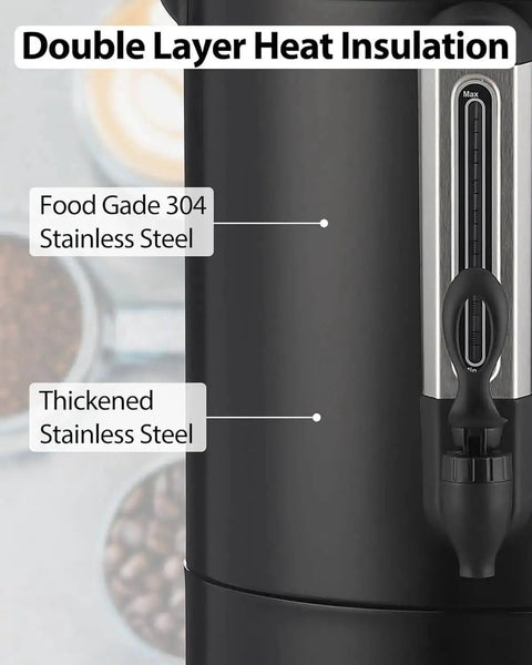 Close-up of Big Ol 12L 3 Point 2 Gallon Stainless Steel Coffee Urn With Double Wall Insulation Electric Hot Beverage Dispenser