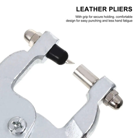 Close-up of a handheld leather hole punch pliers with stainless steel build and spring tension power for crafting precise belt holes.