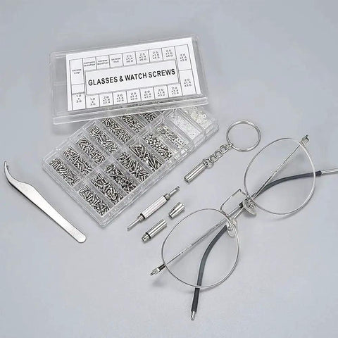 1000-Piece Stainless Steel Micro Screw Kit for Glasses and Sunglasses Repair showing screws, tools, glasses, tweezers