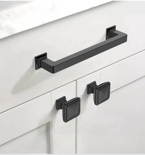5 inch matte black cabinet handle 10 pack, modern design on white kitchen drawer, 128mm, durable metal cupboard hardware with mounting screws