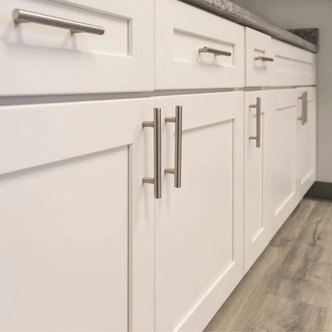 4 Inch Satin Nickel Truss Bar Cabinet Pulls 10 Pack Center To Center 104 mm Stylish Durable Drawer Handles on white kitchen cabinets