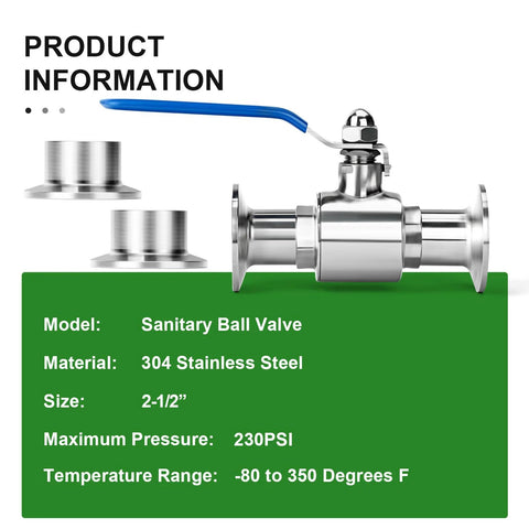 TAISHER sanitary ball valve, 2-1/2 in tube OD, 304 stainless steel, tri-clamp ferrule, blue lever
