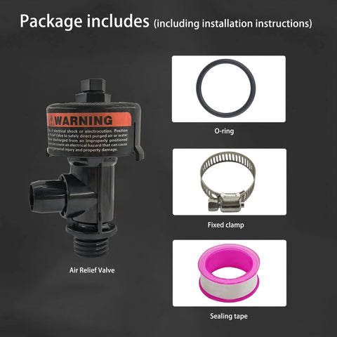 Dicsley air relief valve for pool filter; black plastic unit with warning label, includes O-ring, clamp, sealing tape