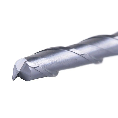 Close-up of 2 Flute 1/4 Inch Shank Extra Long 3 Inch Total Length End Mill TiAlN Coated HRC55 Spiral Upcut CNC Bit for Milling Wood Plastics Aluminum Stainless Steel Hard Metals