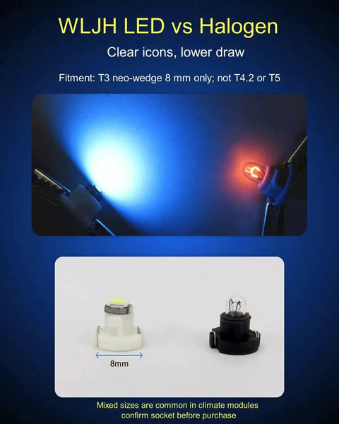 10 Pack Ultra Bright Ice Blue T3 Neo Wedge LED Bulbs With 8mm Base for clear car dash indicators contrast with halogen