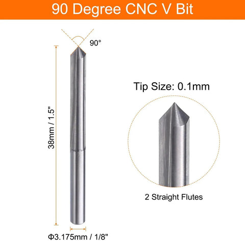 CNC V Bit Set Of Five Pieces With One Eighth Inch Shank And 0.1mm Tip For Precise Engraving And Lettering On Wood Plywood Acrylic MDF Carbide End Mills 90 Degree V Groove Bits With Two Flutes For Smooth Wood Carving product image showing single bit with dimensions.