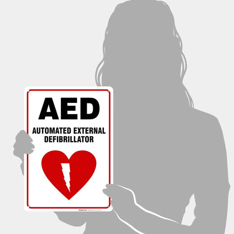 AED Sign For Automated External Defibrillator 10 By 14 Inches 55 Mil Thick HDPS High Density Polystyrene Red Heart Graphic