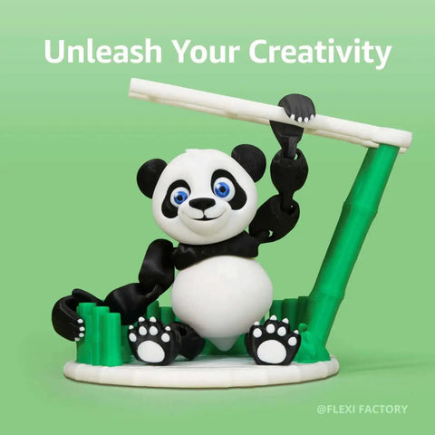 3D printed panda figurine sitting on bamboo with text 'Unleash Your Creativity' on a green background.