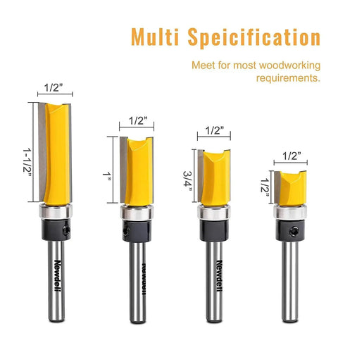 Pattern Flush Trim Router Bit Set With Bearing Guide for tearout prevention, showing four bits of 1/2" diameter, 3/8", 3/4", 1-1/2" lengths.